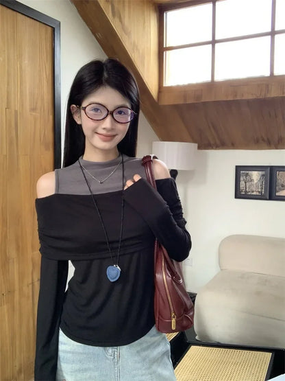 Retro American Shoulder Bared Long Sleeve T Shirt Women Spring Autumn Spicy Girl Fake Two Piece Base Shirt High Collar Polyester.