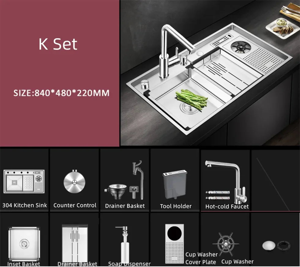 Large Size Nano Meter Cup Rinser Stepped Kitchen Sink 304 Stainless Steel 4mm Thickness Handmade Sinks With Knife Holder