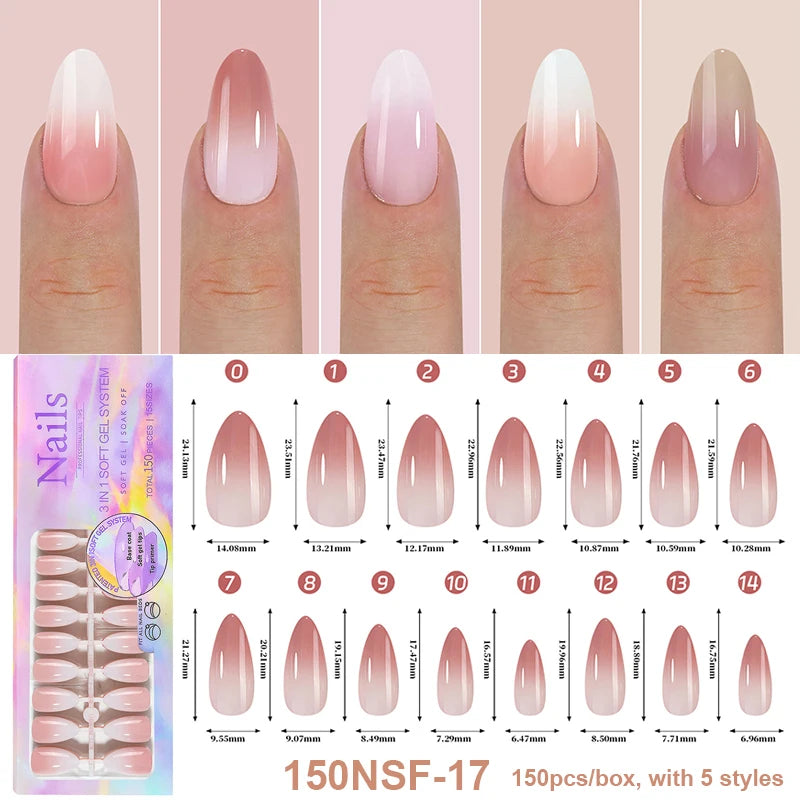 150Pcs/Box Acrylic Press on Nails Full Cover Fake False Tips Soft Gel Extension T-shaped Oval Capsule Almond Sculpted Salon DIY