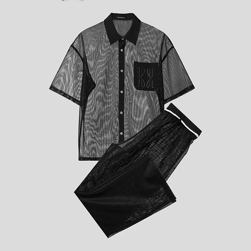 INCERUN Men Sets Mesh Patchwork See Through Sexy Short Sleeve Shirts & Pants Two Pieces Sets Streetwear 2025 Men's Casual Suits