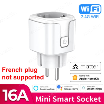 16A Matter EU WiFi Smart Socket Home Appliance Mini Smart Plug Adapter APP Control Timer Funktioniert mit HomeKit Siri Alexa Google.