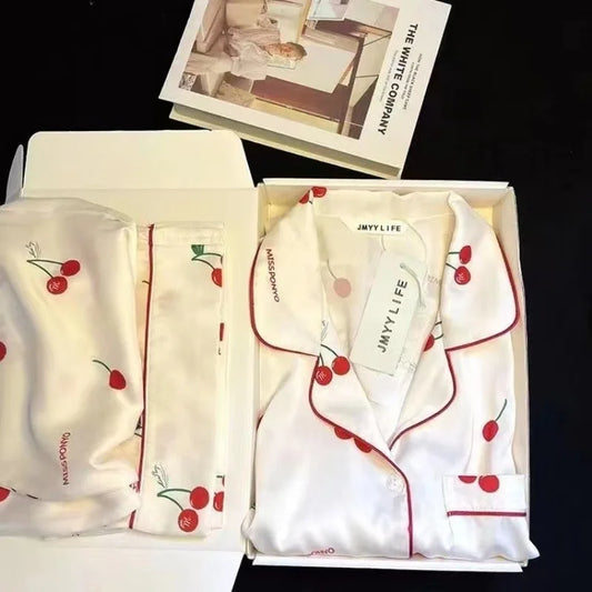 2023 frühling Herbst Neue Eis Seide 2 Stück Pyjamas für Frauen Mode Strickjacke frauen Pyjamas Süße Druck Loungewear Frauen set