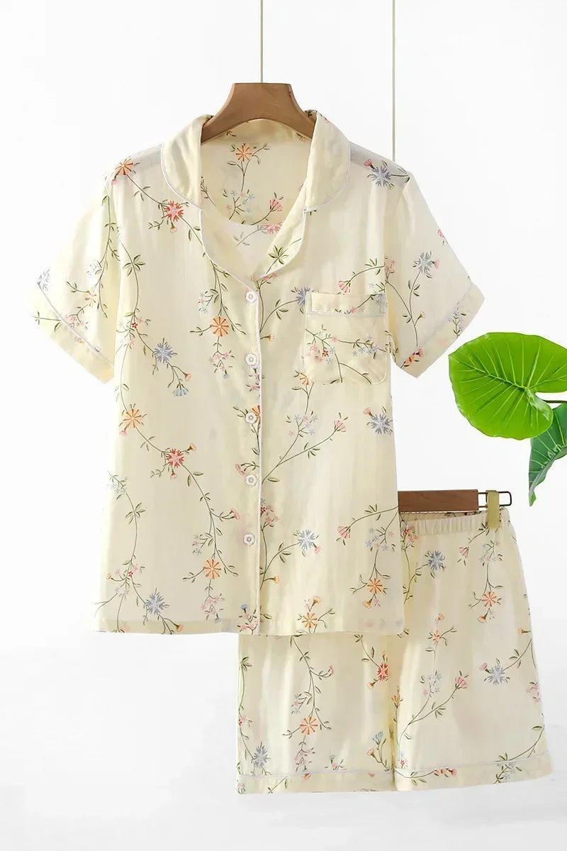 Japanische einfache kurze Pyjamas Frauen 100 % Baumwolle kurze Ärmel Damen Pyjama Sets Shorts süße Cartoon Nachtwäsche Frauen Homewear