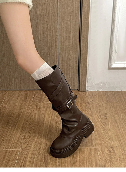 Vintage Thick Heel Women Knight Long Boots Fashion Slip On Knee High Booties Autumn Winter Shoes Zapatos De Mujer.