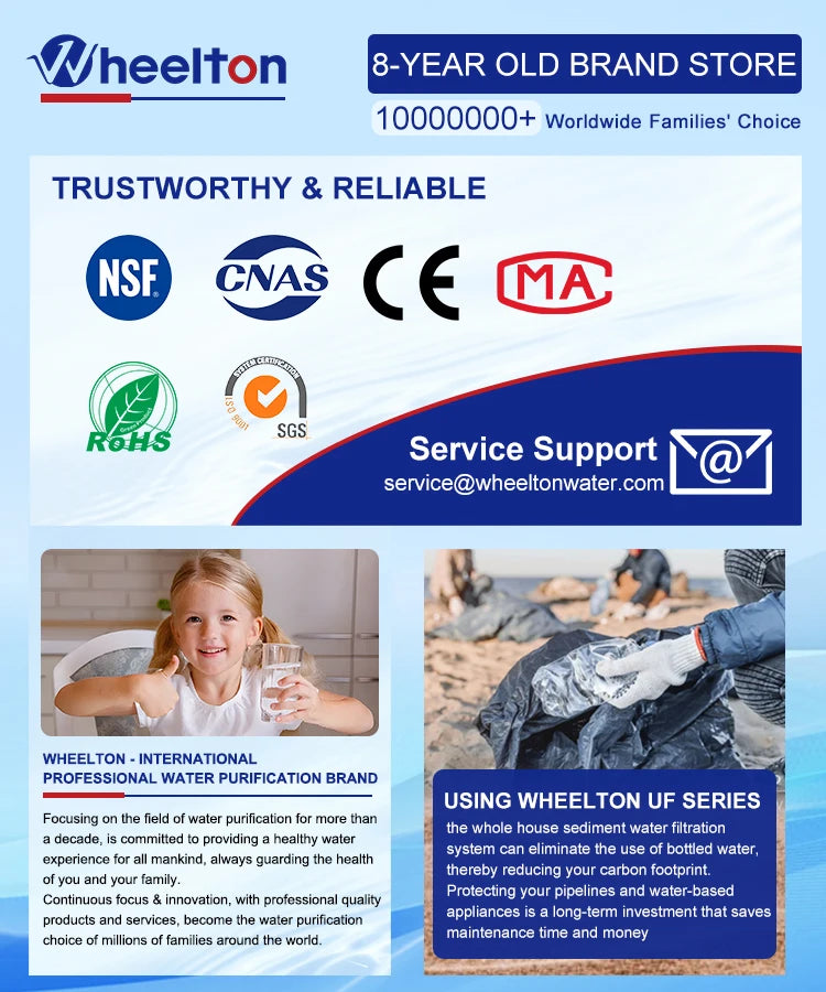 Wheelton whole house high flow water filter purifier 1000L-3000L SUS304 mineral water filter Reusable 0.01um PVDF for 5 years.