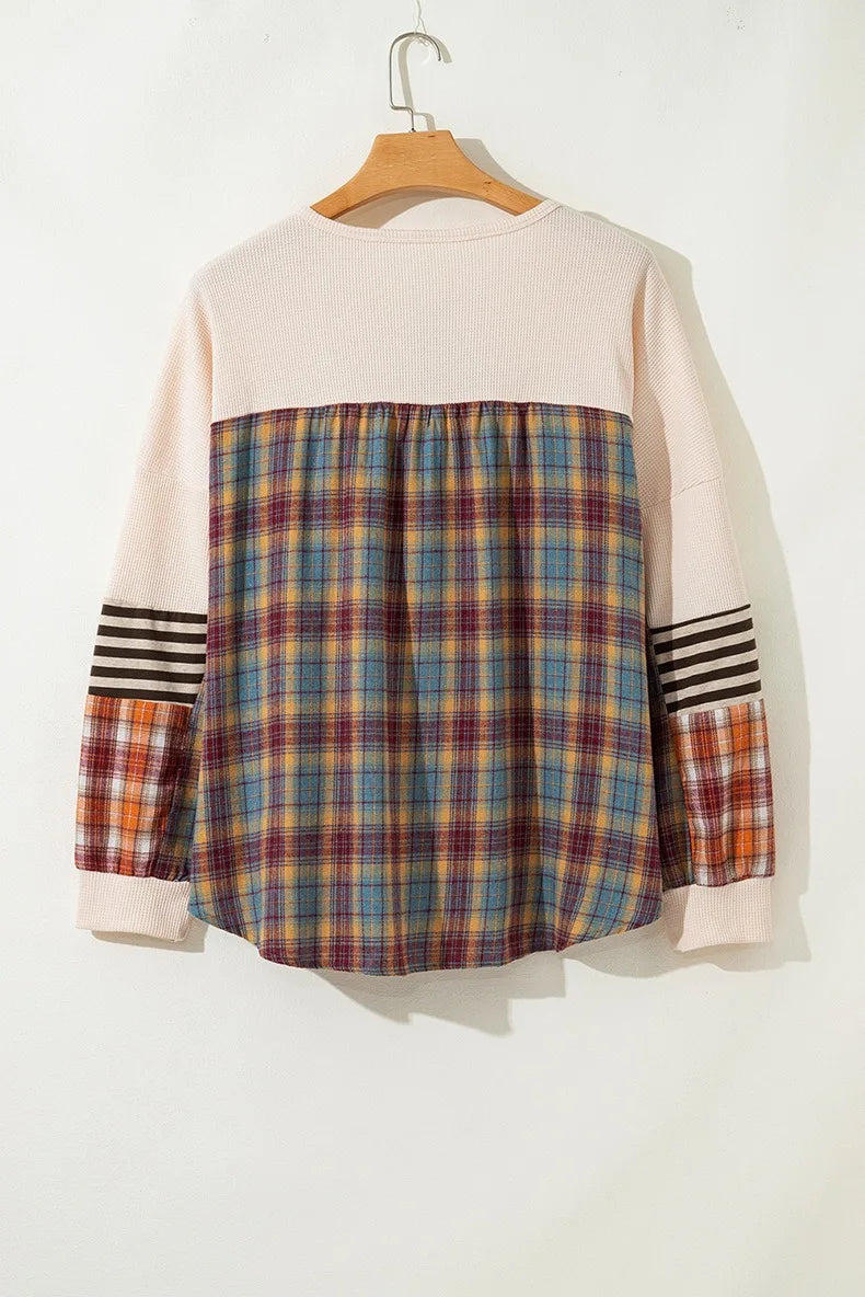 GIBSIE Plus Größe Taste Vorne Oansatz Plaid Sweatshirt Frauen Herbst 2025, Neue Tropfen Lange Hülse Lose Beiläufige Pullover Tops.