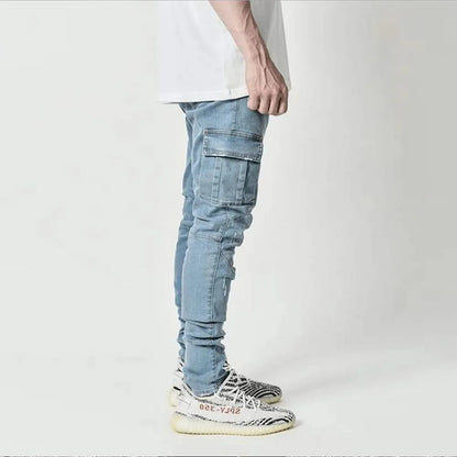 Street Elastic Jeans Men Denim Cargo Pants Wash Solid Color Multi Pockets Casual Mid Waist Trousers Slim Fit Daily Wear Joggers.