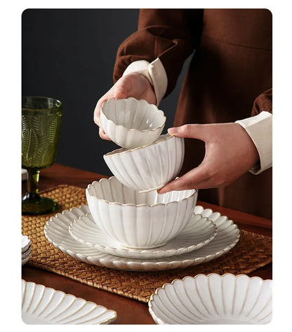 Retro Ceramic Dishes Plates Fish Dish Plates Manual Flower Relief Living Room Dinner Plate Kitchen Fruit Salad Dish Bowl.