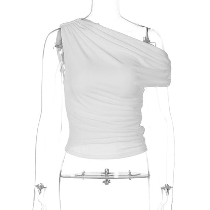 Talenza Sexy One Shoulder Tops Womens Summer Fashion Hot Girls Backless Pleated Slim T-Shirt Casual Office Lady Party Tops Women.