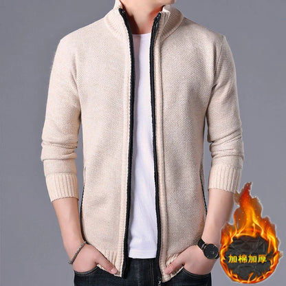 New Men's Casual High Collar Long Sleeve Knitted Top with Velvet Warmth for Autumn and Winter Fashion Multi Functional Jacket.
