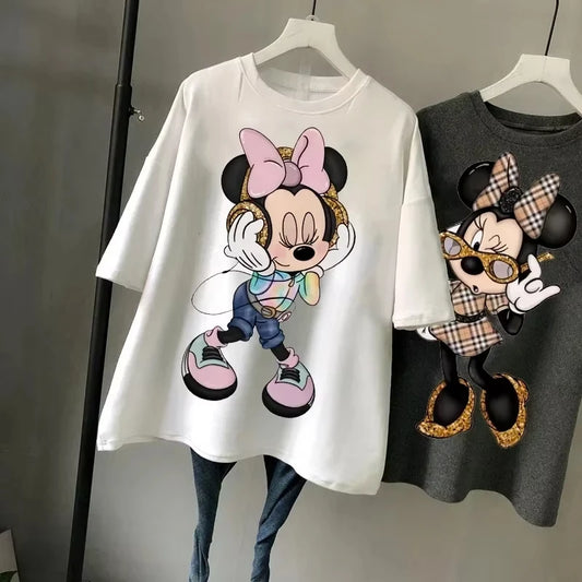 Disney New Minnie Kawaii Fun Damen bedrucktes T-Shirt Mode Sommer Cartoon Minnie Top Y2K Damen Extra großes Baumwoll-T-Shirt