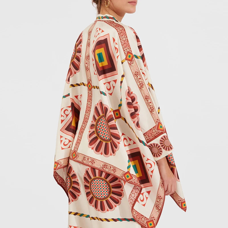 Retro Printed Loose Indie Folk Outfit Women Spring Stand Collar Button Irregular Top+Pant Set Fall Batwing Long Sleeve 2pcs Suit.