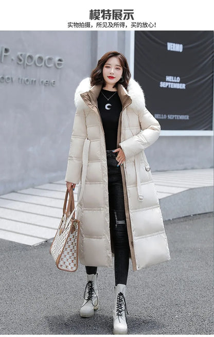 2024 neue Winter frauen Gepolsterte Jacken Mid-länge Modische Mit Kapuze Große Pelz Kragen Lose Dicke Unten Baumwolle Oberbekleidung damen