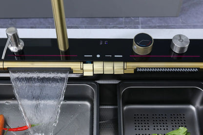 Golden Household Stainless Steel Waterfall Kitchen Sink MultiFunction Wash Vegetable and Dish Countertop Basin Large Single Slot