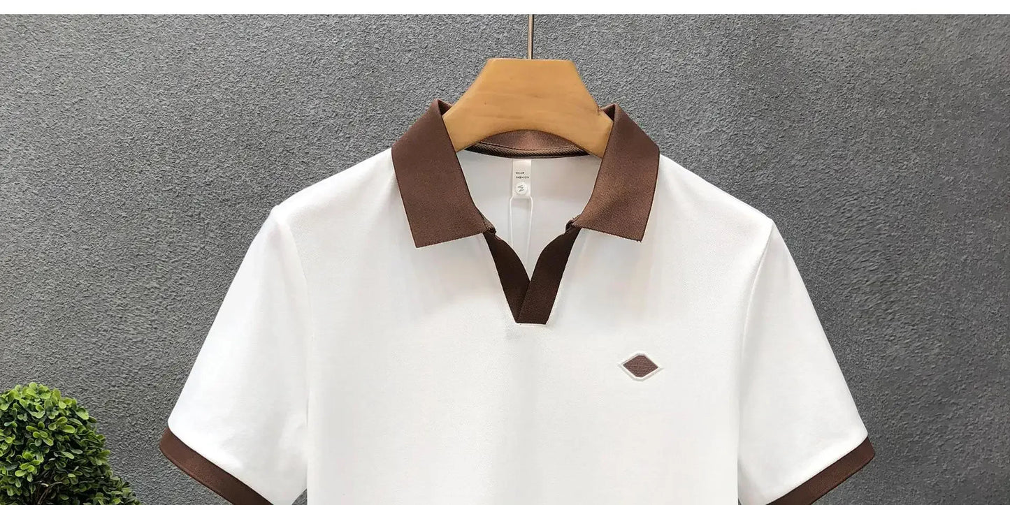 Men's Casual Polo Shirt Collared Short Sleeve Pique Cotton Breathable V-Neck Color Block Half Sleeve Summer Loose Top