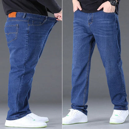 Große Größe Herren Jeans High Stretch Denim Stoff Große Größe Hosen für 45-150 kg Jeans Hombre Jeans mit weitem Bein Pantalon Homme