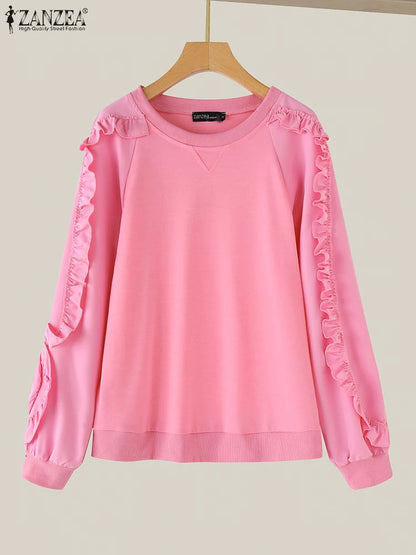 ZANZEA Plus Größe Frauen Solide Sweatshirts Herbst Rüschen Nähte Tops Vintage Oansatz Lässige Mode Lange Puff Sleeve Pullover.