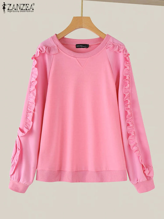 ZANZEA Plus Größe Frauen Solide Sweatshirts Herbst Rüschen Nähte Tops Vintage Oansatz Lässige Mode Lange Puff Sleeve Pullover.