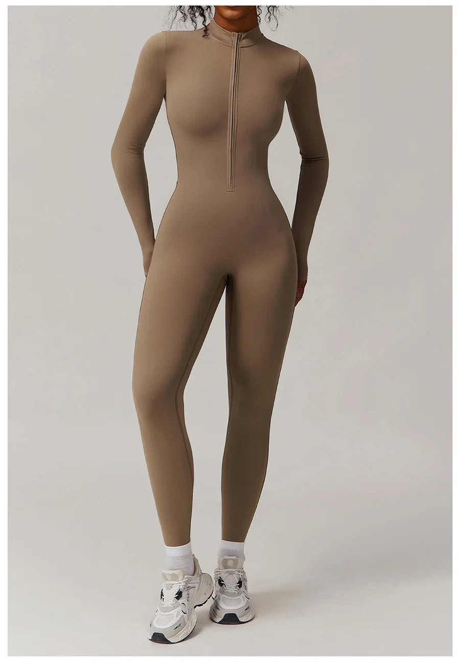 Zipper Workout Jumpsuit Sports Overalls Women Gym Clothing Running Long Sleeves Fitness Gym Tracksuit Short Sportswear Yoga Set.