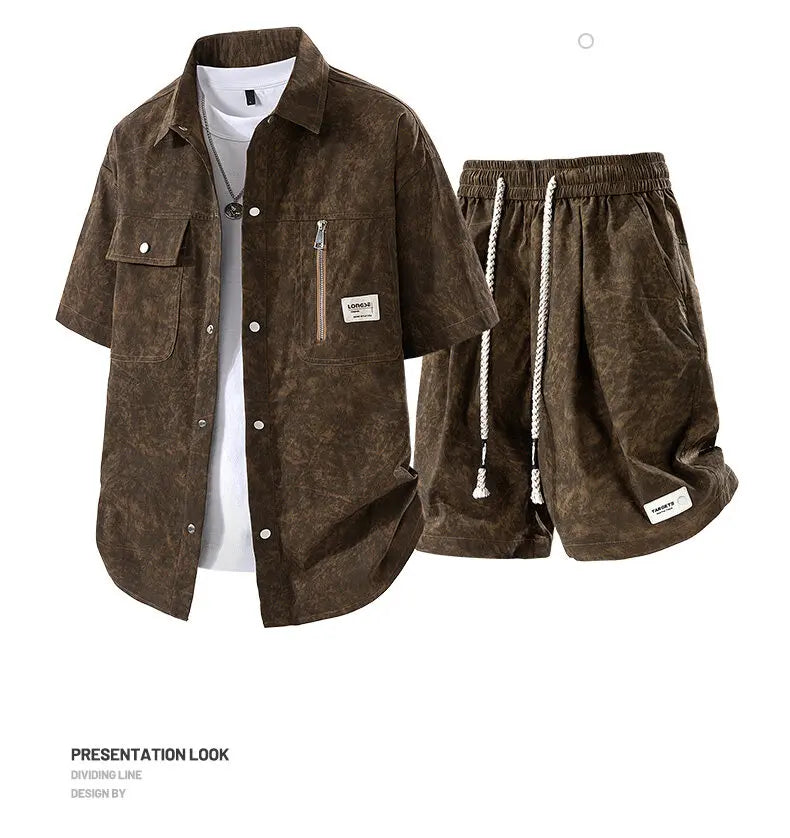 Men's Summer Casual Versatile Fashionable Cool Short-Sleeved Shirt And Shorts Set Trendy Business Casual Outfit.