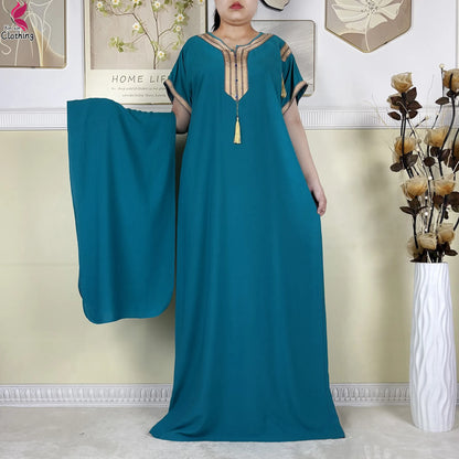 2025 Muslim Caftan Short Sleeve Dress Solid Cotton Summer Abaya African Traditional Dresses Islam for Women Casual Clothing