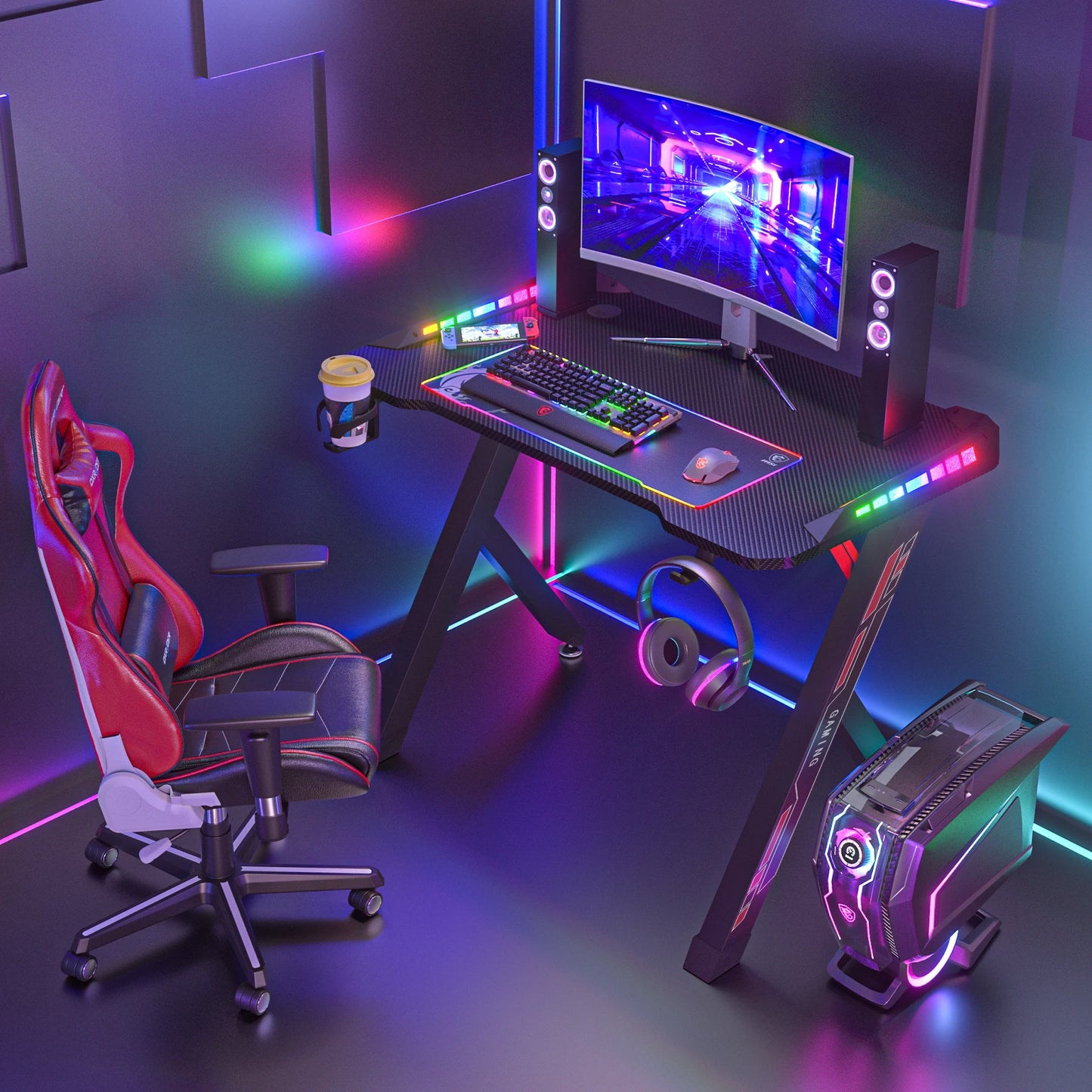 100 cm/120 cm RGB-Gaming-Schreibtisch, Computertisch mit LED-Leuchten und Getränkehalter