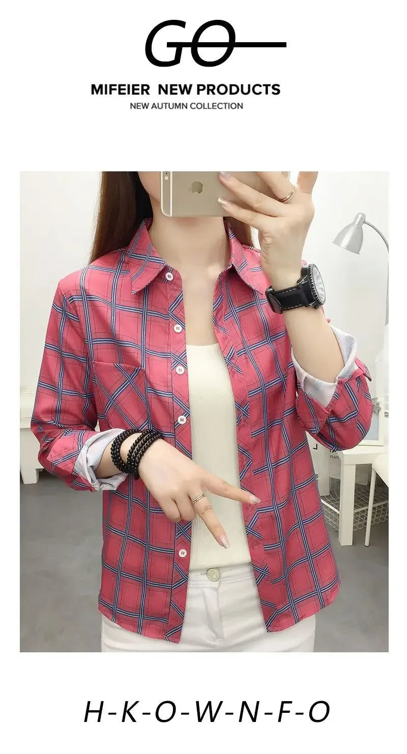 2024 herbst Neue College Stil Plaid Shirts frauen Lange hülse Taste Unten Casual Tops Lose Mode Polo Neck Blusen