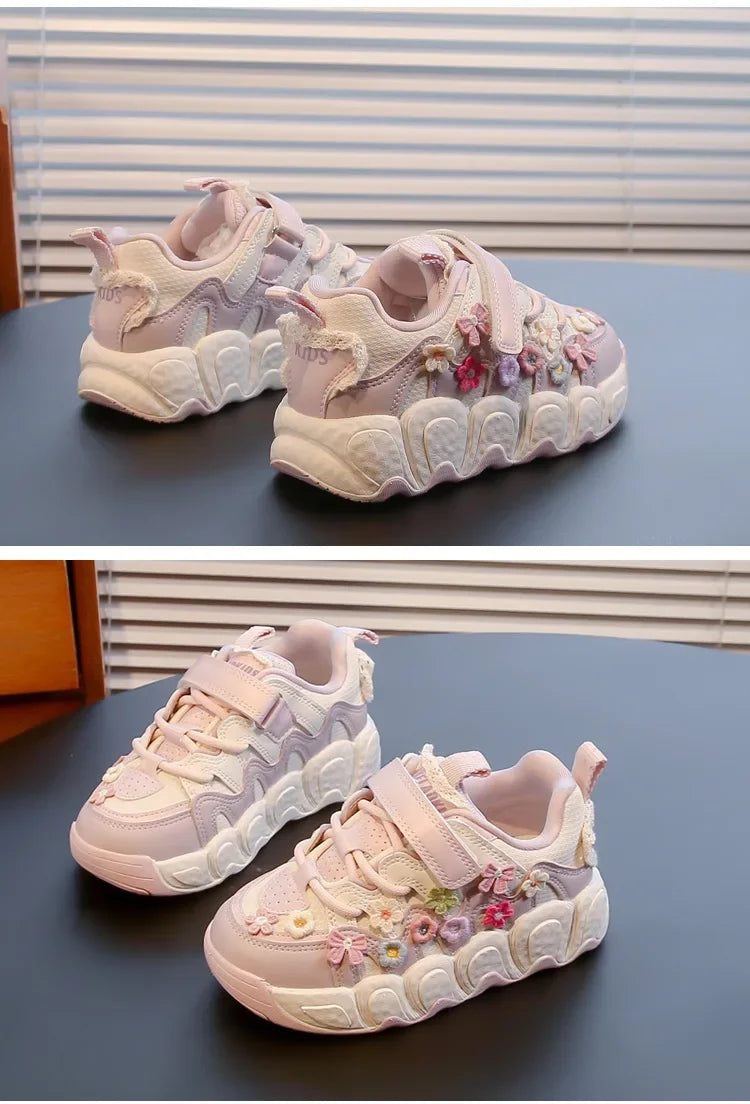 Kids Princess Shoes Thick Soft Sole Trendy Girls Sports Shoes Sweet Embroided 2024 New Fashion Children Sneakers with Flowers.