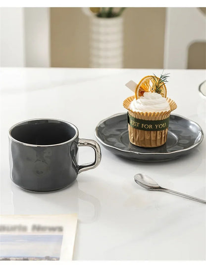 230ml European Style Coffee Cup with Saucer and spoon Ceramic mug Solid Color Tea Cup and Saucer Set Afternoon Tea Milk Cup.