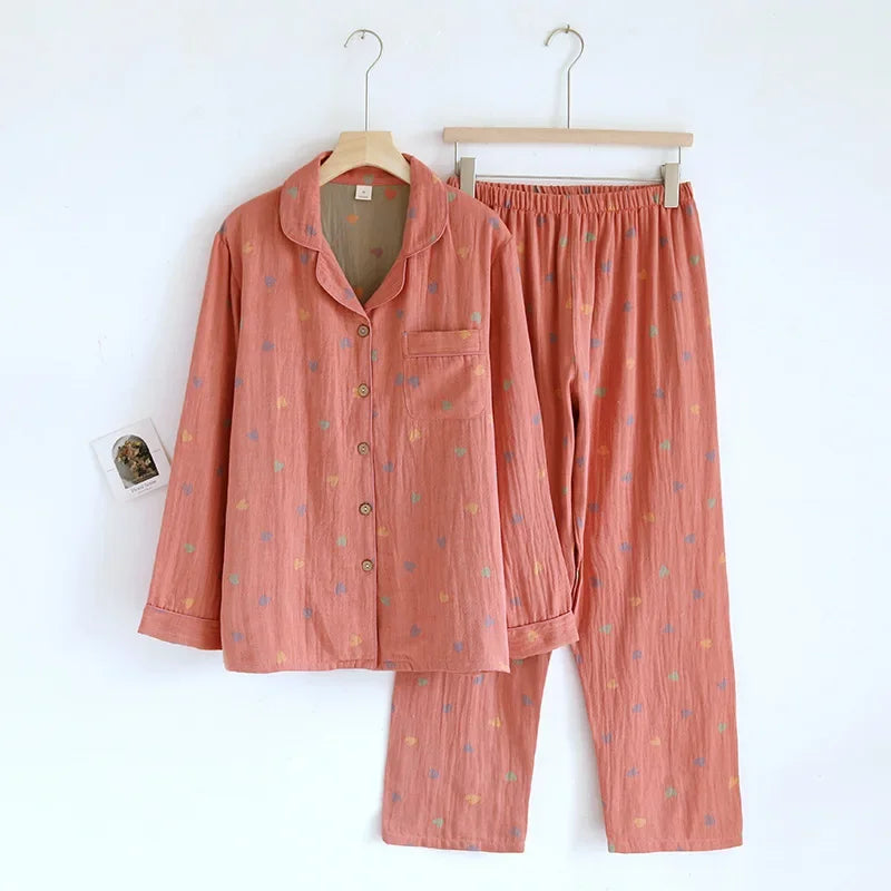 100% Cotton Crepe Homeclothes 2023 Autumn/Winter Women's Pajamas Suit Long-Sleeved Trousers 2-piece Yarn-Dyed Jacquard Pajamas.
