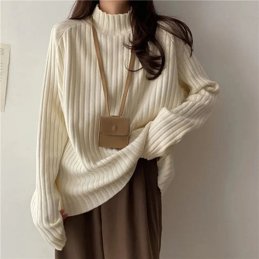 Rollkragen Gestrickte Pullover Frauen Herbst Winter Mode Lose Lange Hülse Alle Spiel Pullover Pullover Solide Büro Dame Jumper