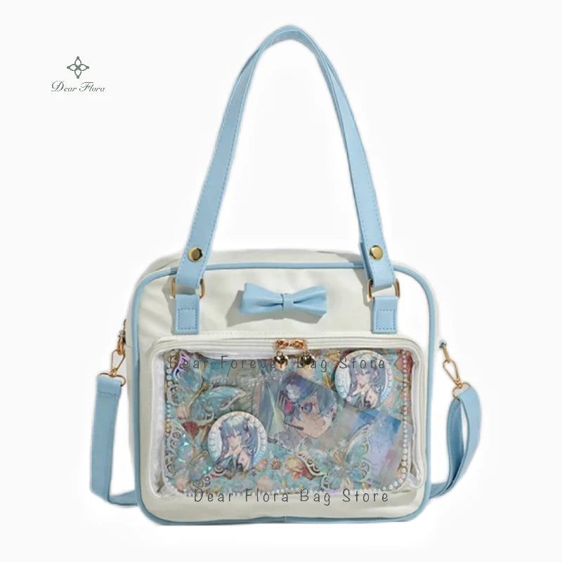 Y2K Cute Bow Ita Bag Girl Transparent Messenger Bag Women Fashion Shoulder Crossbody Bag Ladys DIY Badge Tote Bag Lolita Handbag