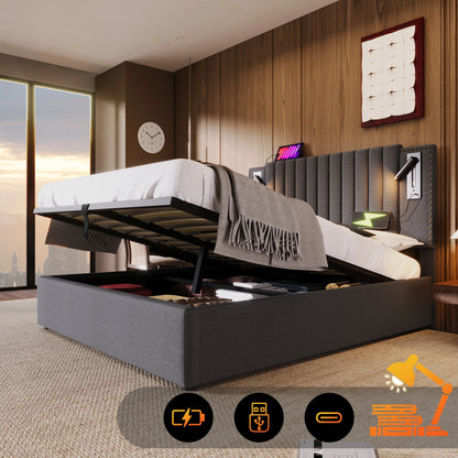 KOMHTOM Polsterbett Doppelbett, Leselicht und USB-Ladefunktion im Kopfteil, Baumwollmaterial, ohne Matratze