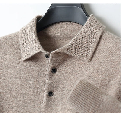 LHZSYY 100%Merino Wool Hot Cardigans Men Lapel Pullover Long Sleeve POLO Neck Sweaters Loose Tops Knit Clothing Large Size Shirt.