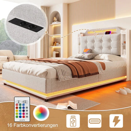 140*200cm Polsterbett mit LED-Lichtleiste und mehreren Ablagefächern, für Schlafzimmerwäsche, Beige (ohne Matratze)