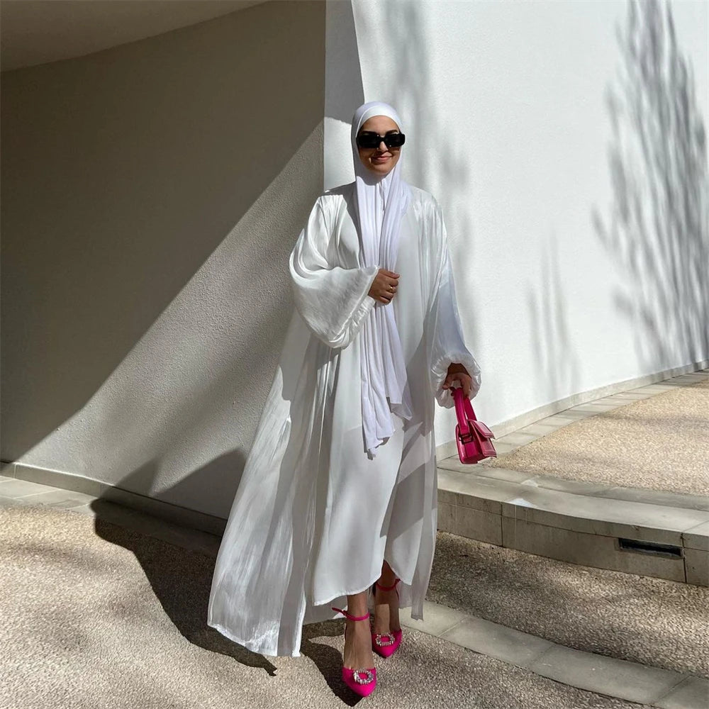 Ramadan Eid Open Satin Kebaya Abaya Dubai Luxury Kimono Kaftan Muslim Islam Dress Abayas For Women Caftan Robe Femme Musulmane.