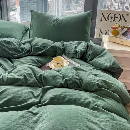 Washed Cotton Bedding Set,Bed Sheet Set, Linen Feel, Super Soft, Comfortable, 4-Piece Duvet Cover Set, Durable and Easy Care.