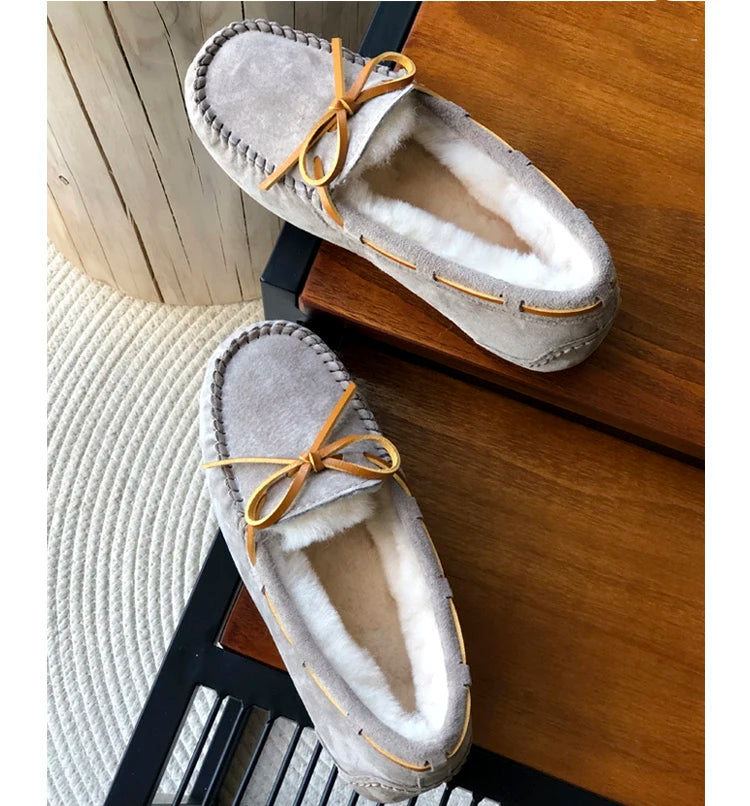 New 100% Natural Wool Genuine Leather Women Flat Winter shoes Women Moccasins Casual Loafers Plus Size Winter shoes.