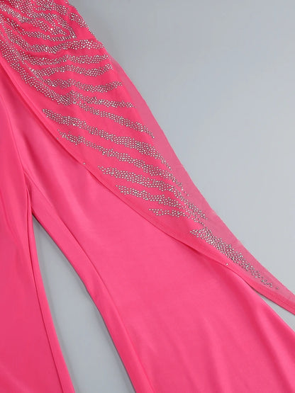 Sexy Deep V Neck Sparkly Diamonds Design Jumpsuit Women Long Sleeve Draped Wide Leg Jumpsuit Elegant Evening Club Costume Runway