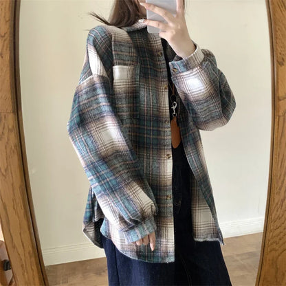 Zjaiss Women Thick Woolen Plaid Blouse Loose Long Sleeved Tops 2025 Autumn Winter New Casual Shirt Long Shirts