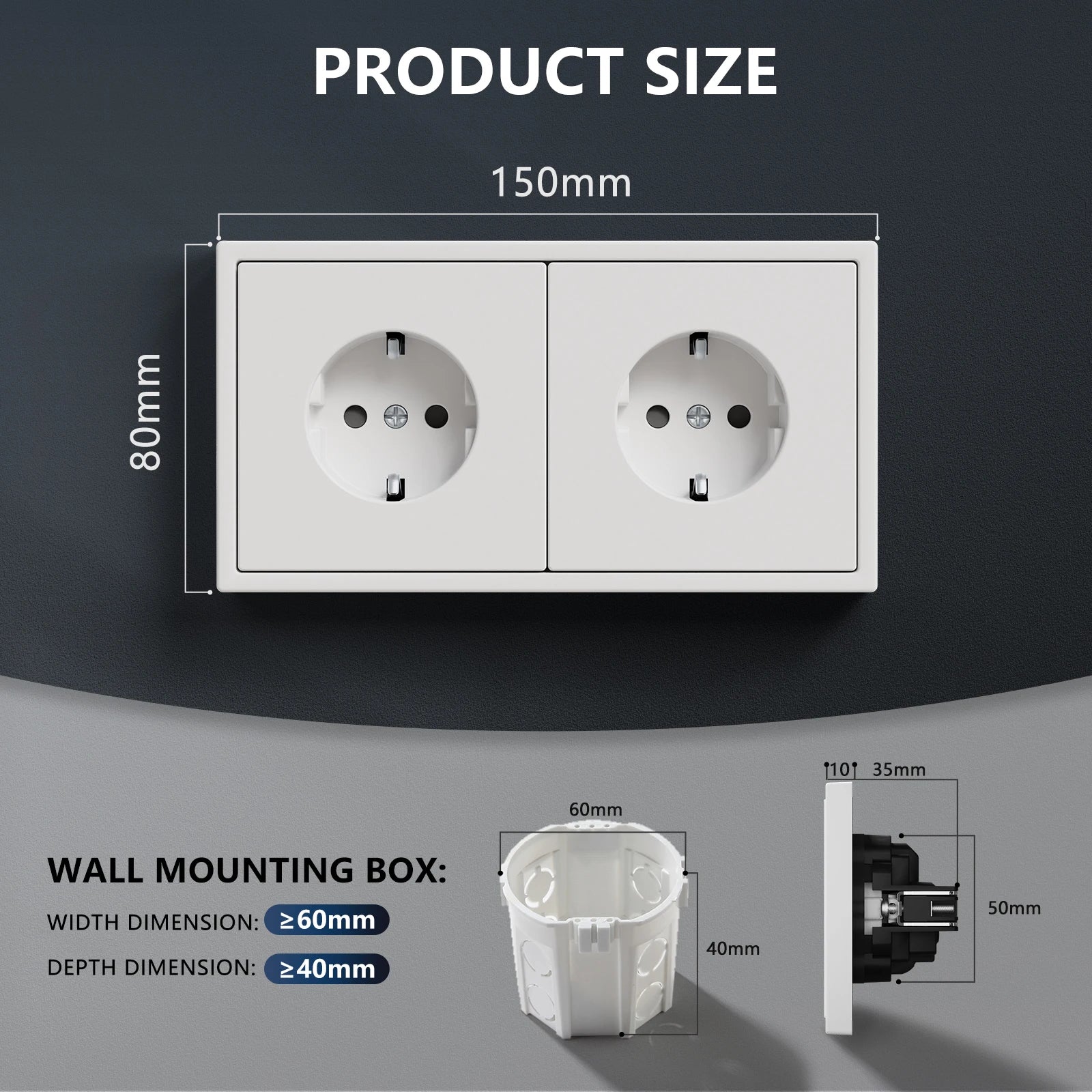 BSEED Einzel-EU-Steckdose, doppelwandige Steckdosen, dreifache Steckdosen, Kunststoffrahmen, 16 A, 80/150/220 mm Größe.