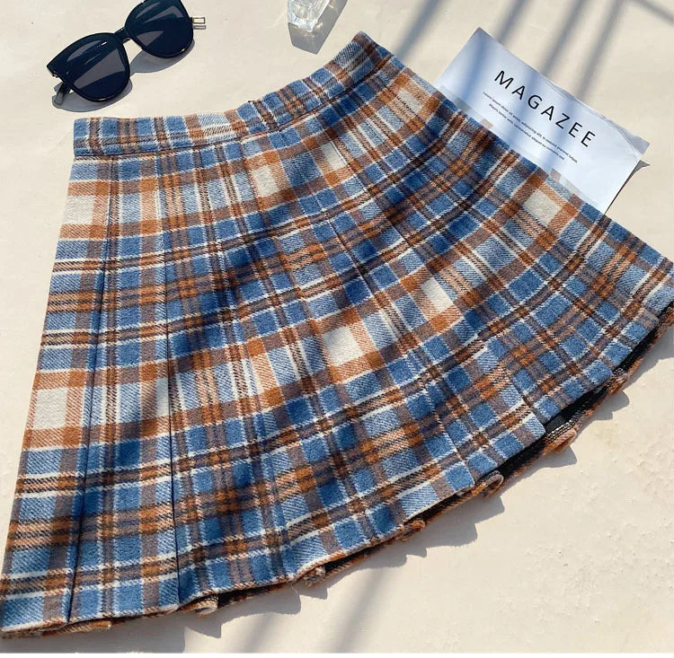 Plaid Woolen Blends Pleated Skirt For Women Fall Winter High Waist A-line Skirt Ladies Fashion Khaki Mini Skirts Vintage Female.