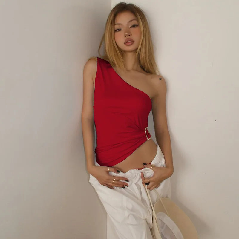 Cryptographic Summer Fashion One Shoulder Tops Slim Sexy Backless Basic Asymmetrical Women's Crop Top Tank Ruched Streetwear.