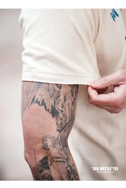 Maden Vintage Letter Print Cotton Short Sleeve T-Shirt Men's Summer Loose Fit Ribbed Crew Neck Tee Casual Street Tops for Daily.