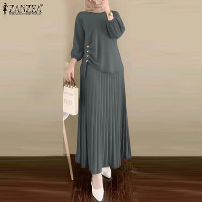 2025 ZANZEA 2PCS Autumn Outfits Casual Long Sleeve Tops Dress Suit Elegant Women 2 Piece Sets Muslim Tracksuits OL Matching Sets.