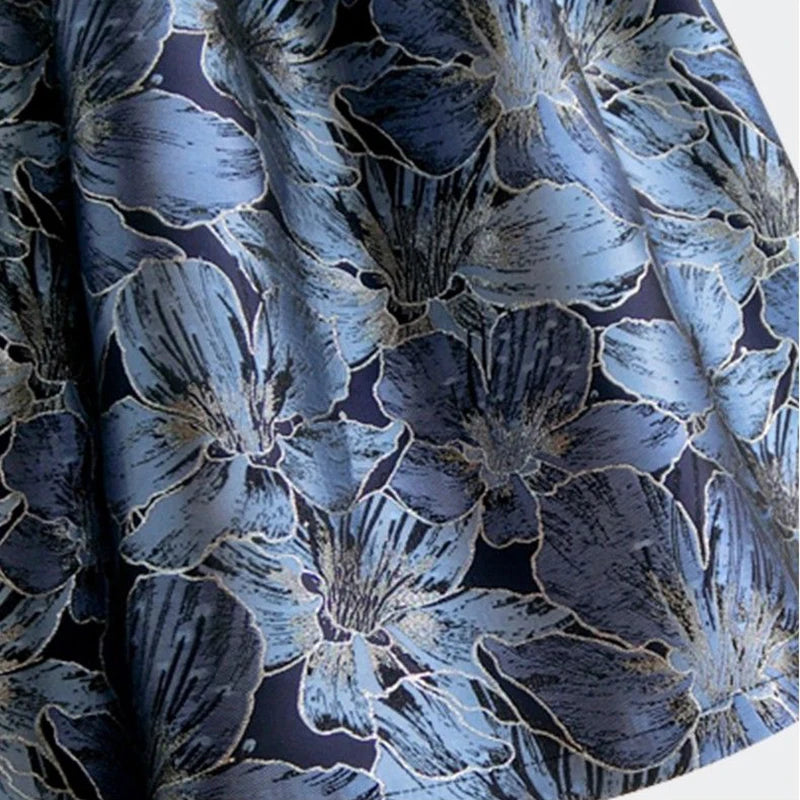 Blue Floral Print Vintage High Waist Ball Gown A-line Loose Women's Skirt Knee-Length Long Skirts For Women Clothing Fashion.