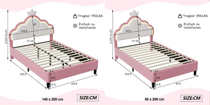 Lazyspace Samt-Polsterbett, LED-Kopfteil in Wolkenform mit dekorativer Krone, rosa Bettrahmen für Mädchen