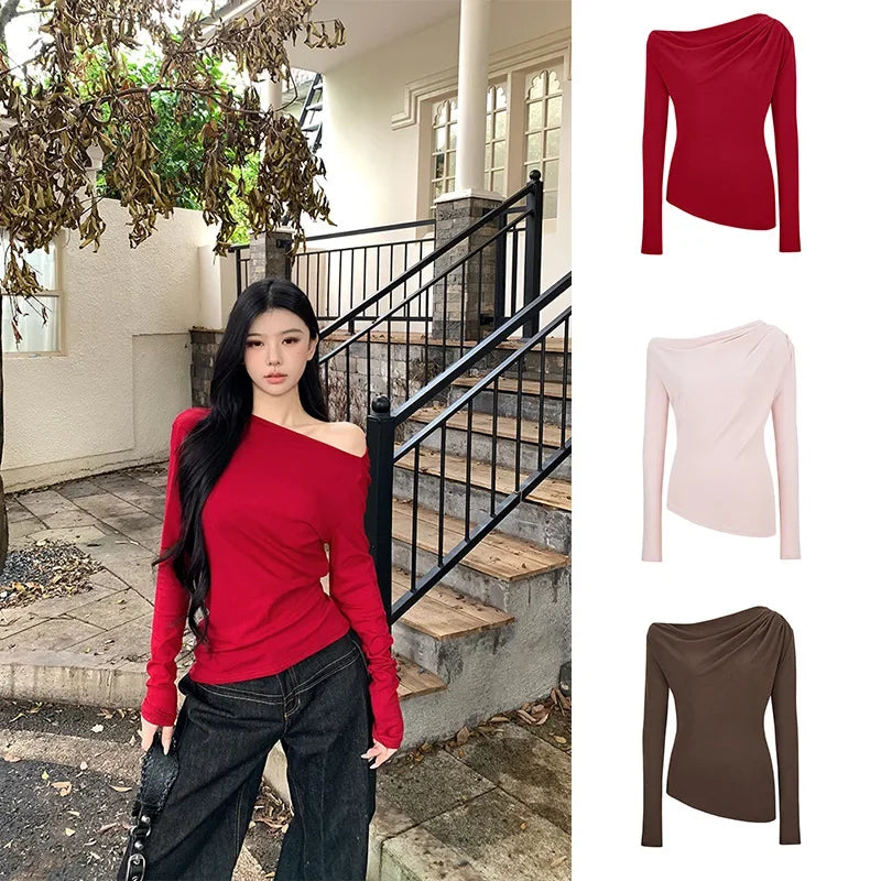 Slim Fit Long Sleeve T-Shirt Shoulder Bared One Shoulder Style Casual Streetwear for Young Women Fashionable And Stylish.