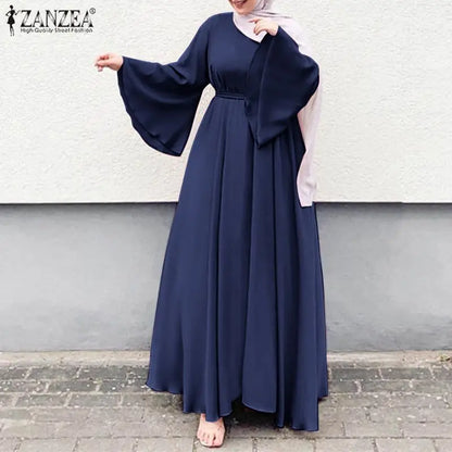 Frauen Lerisure Muslimischen Lange Kleid Übergroßen Vestidos ZANZEA 2023 Sommer Frühling Flare Ärmeln Soild Weibliche Türkische Robe Abaya