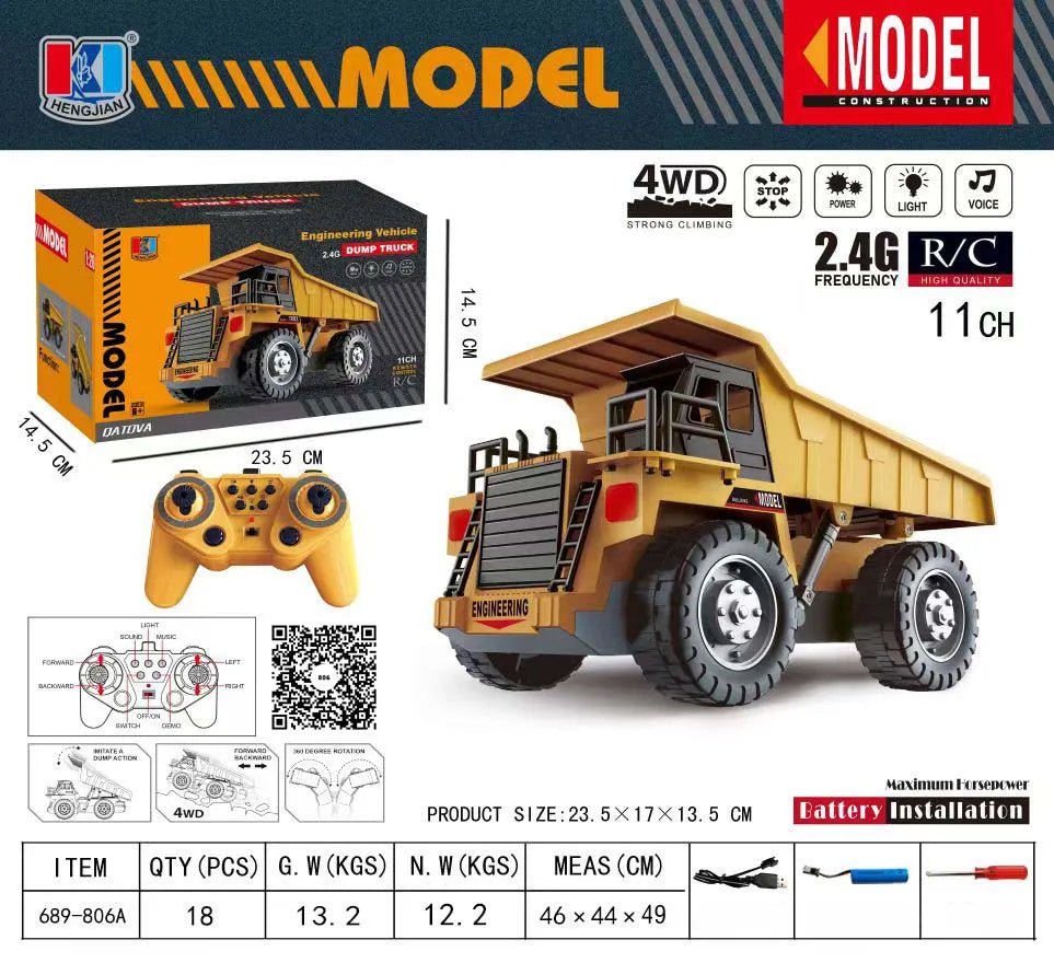 New 2.4G Remote Control Excavator Dump Truck RC Model Car Toy Professional Alloy Plastic Simulation Construction Vehicle for Kid.